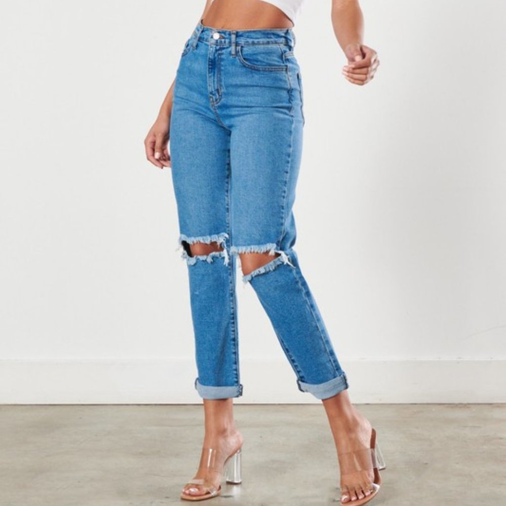 Medium Blue High waist Boyfriend Distressed jeans
